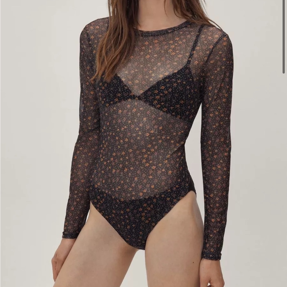 Sheer Long Sleeve Floral Bodysuit - Black with Orange Floral